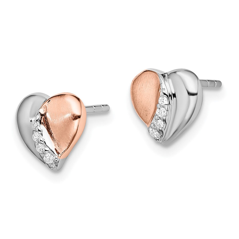 QE13945 Sterling Silver Rhodium/Rose Gold-plated CZ Heart Earrings