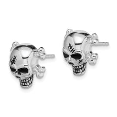 QE13970 Sterling Silver Rhodium-plated Antiqued Enameled Skull Post Earrings