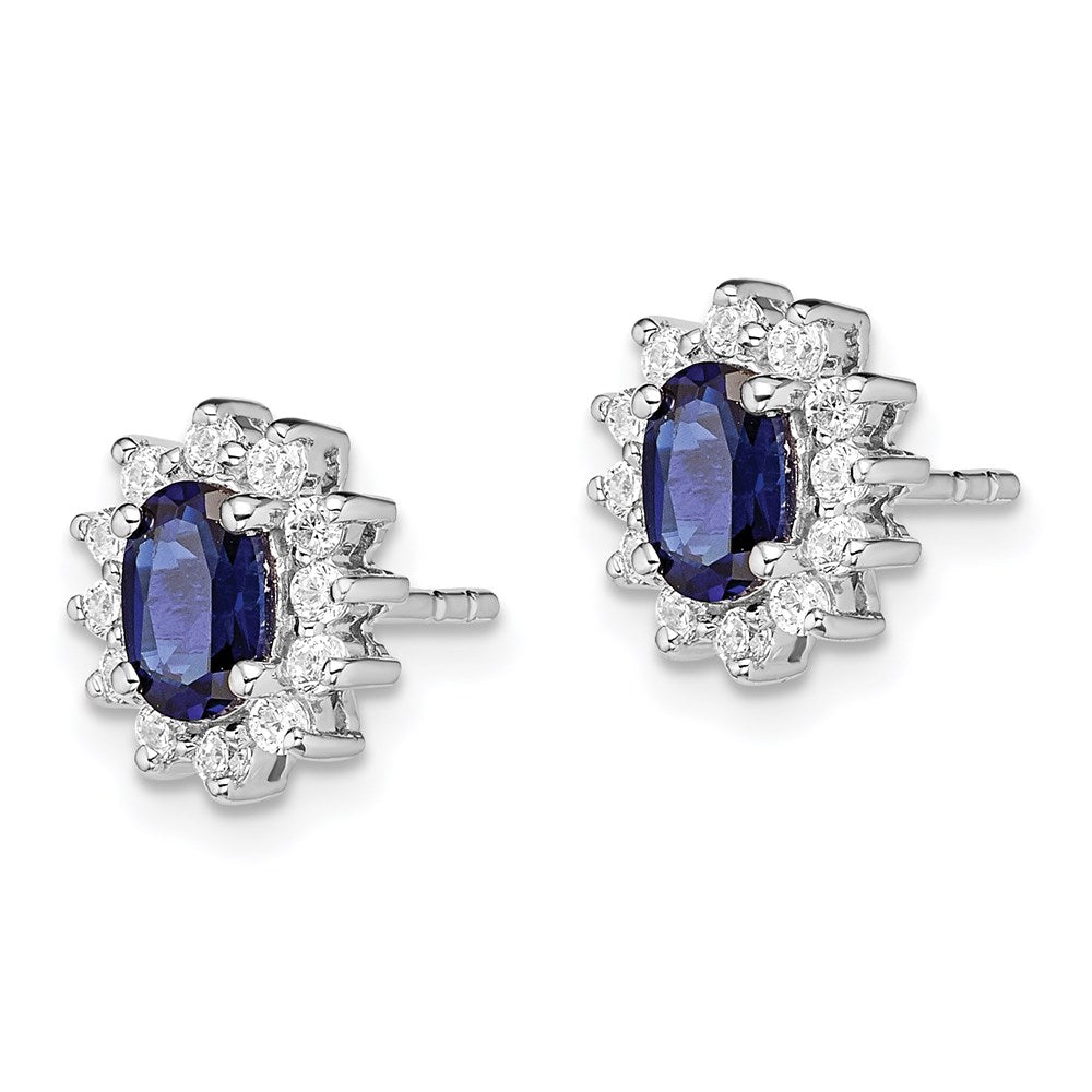 QE13978 Sterling Silver Rhodium-plated CZ/Lab Cr. Blue Sapphire Earrings