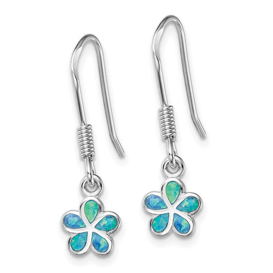 QE14032 Sterling Silver Rhodium-plated Blue Created Opal Flower Earrings