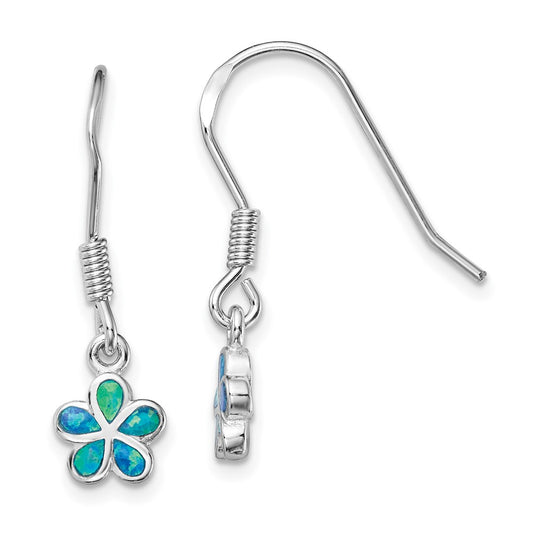 QE14032 Sterling Silver Rhodium-plated Blue Created Opal Flower Earrings