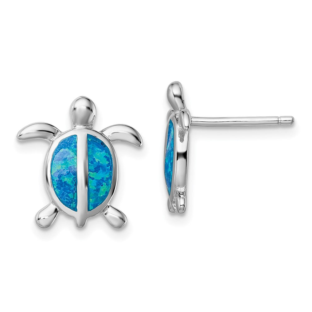 QE14035 Sterling Silver Rhodium-plated Polished Blue Created Opal Polished Turtle Post Earrings