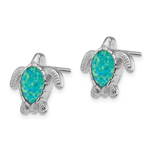 QE14036 Sterling Silver Rhodium-plated Polished Green Created Opal Turtle Post Earrings