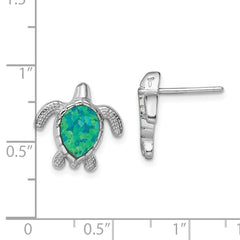 QE14036 Sterling Silver Rhodium-plated Polished Green Created Opal Turtle Post Earrings