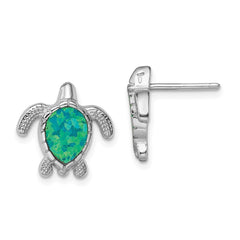 QE14036 Sterling Silver Rhodium-plated Polished Green Created Opal Turtle Post Earrings