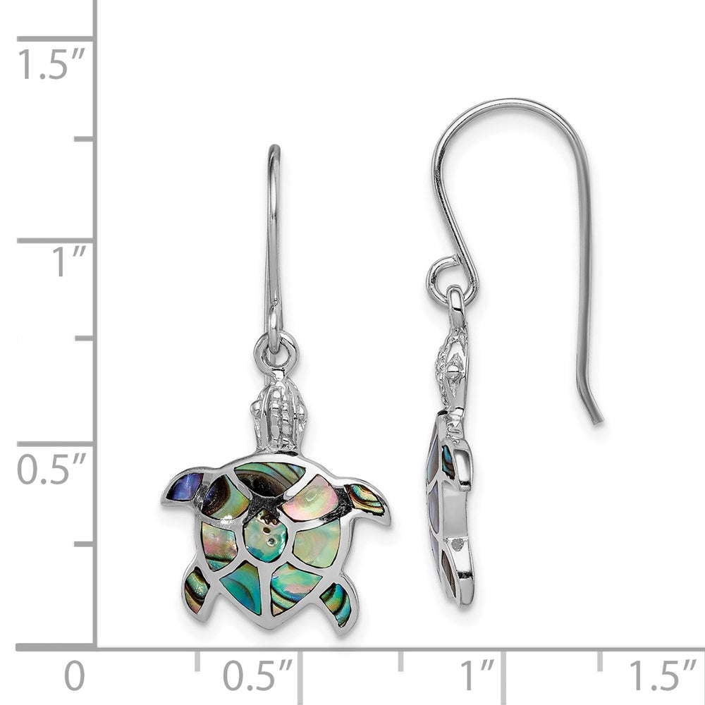 QE14037 Sterling Silver Rhodium-plated Polished Abalone Turtle Dangle Earrings