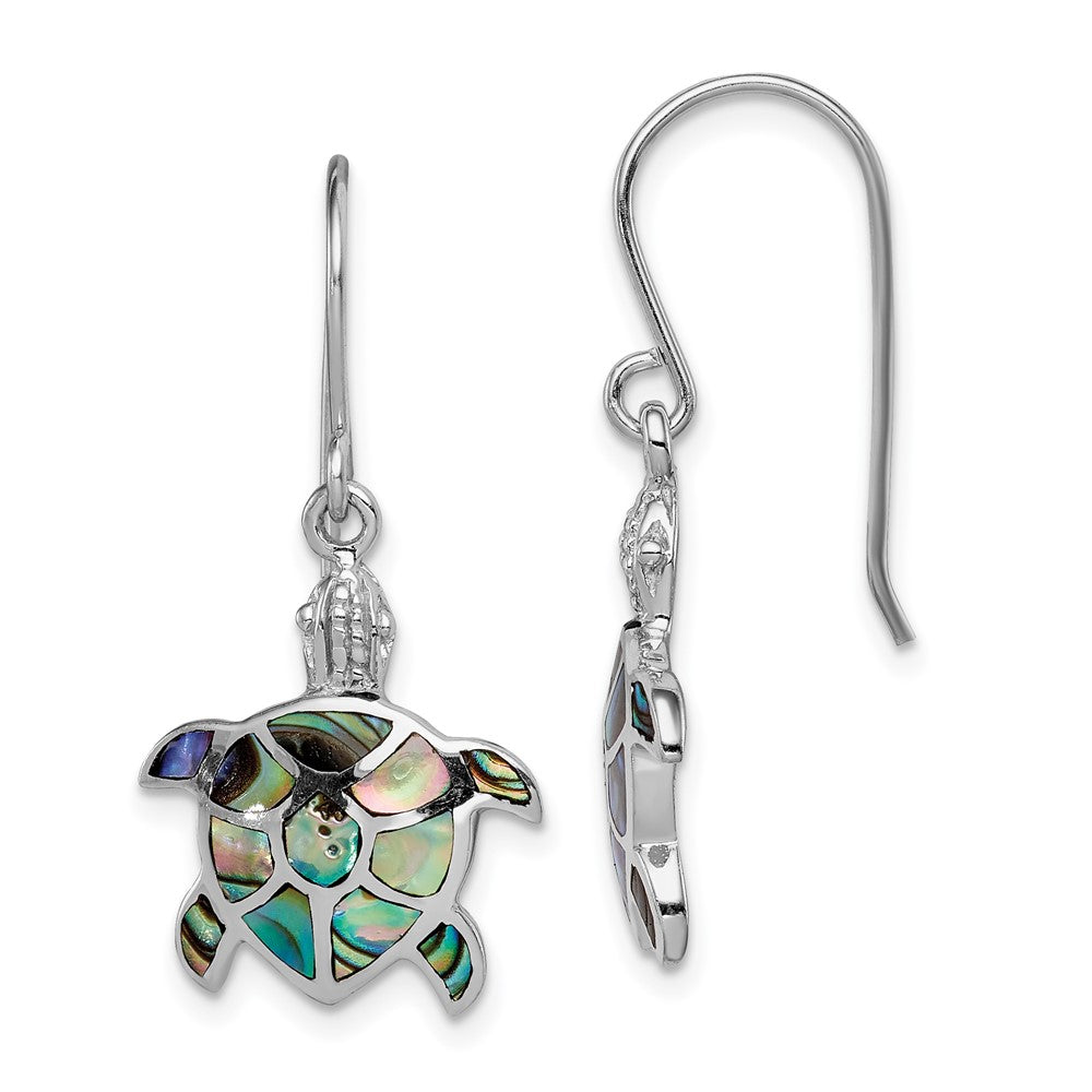 QE14037 Sterling Silver Rhodium-plated Polished Abalone Turtle Dangle Earrings