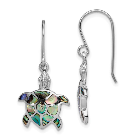 QE14037 Sterling Silver Rhodium-plated Polished Abalone Turtle Dangle Earrings