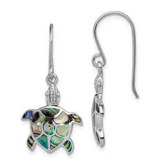 QE14037 Sterling Silver Rhodium-plated Polished Abalone Turtle Dangle Earrings