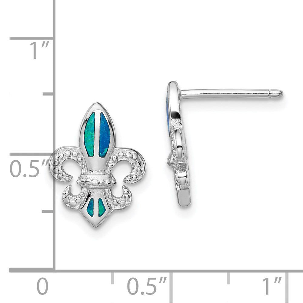 QE14042 Sterling Silver Rhodium-plated Polished & Beaded Blue Created Opal Fleur De Lis Post Earrings