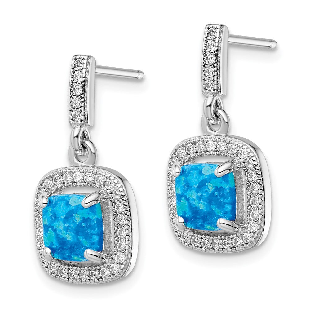 QE14043 Sterling Silver Rhodium-plated Blue Created Opal CZ Post Earrings