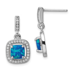 QE14043 Sterling Silver Rhodium-plated Blue Created Opal CZ Post Earrings