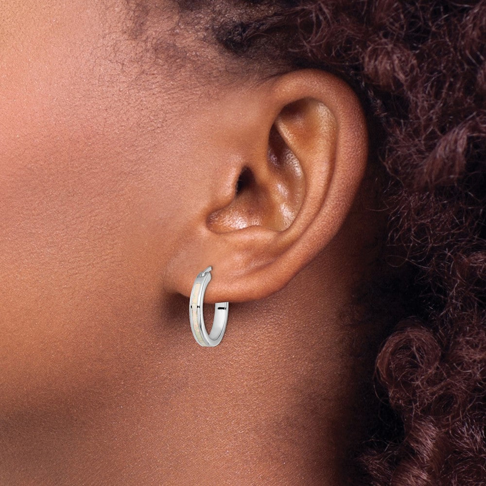 QE14045 Sterling Silver Rhodium-plated Created Opal Inlay Round Hoop Earrings
