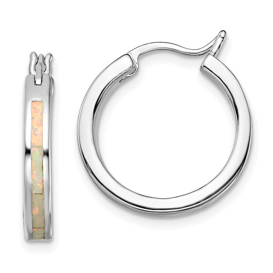 QE14045 Sterling Silver Rhodium-plated Created Opal Inlay Round Hoop Earrings