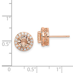 QE14070 Sterling Silver Rose-tone Round Peach CZ Halo Post Earrings