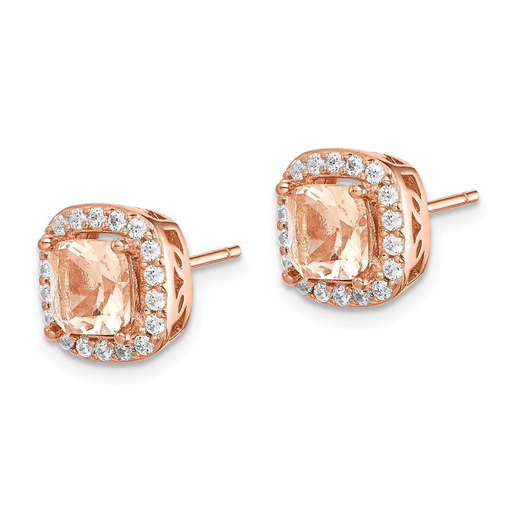 QE14071 Sterling Silver Rose-tone Square Peach CZ Halo Post Earrings