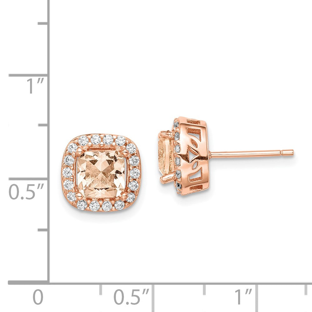 QE14071 Sterling Silver Rose-tone Square Peach CZ Halo Post Earrings