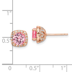 QE14072 Sterling Silver Rose-tone Square Pink Crystal Center and CZ Post Earrings