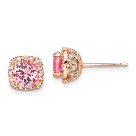 QE14072 Sterling Silver Rose-tone Square Pink Crystal Center and CZ Post Earrings