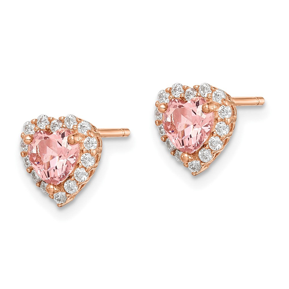 QE14074 Sterling Silver Rose-plated  Post CZ and Crystal Pink Heart Earrings