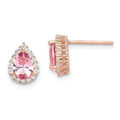 QE14075 Sterling Silver Rose-tone Post CZ and Pear Teardrop Pink Crystal Earrings