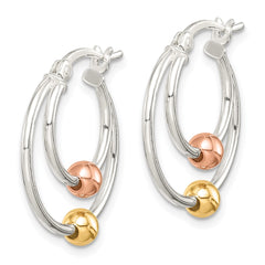 QE14116 Sterling Silver Rose and Gold Tone Bead Hoop Earrings