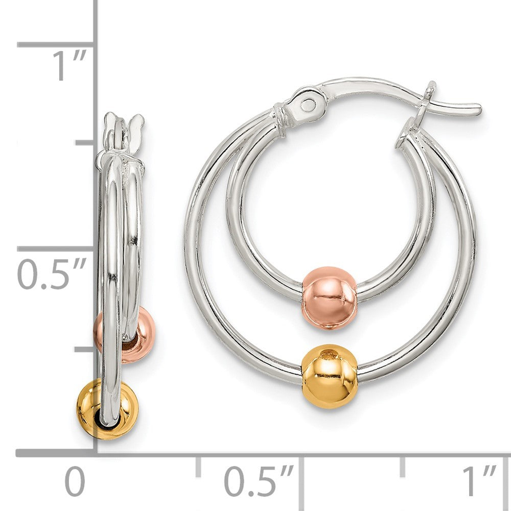 QE14116 Sterling Silver Rose and Gold Tone Bead Hoop Earrings
