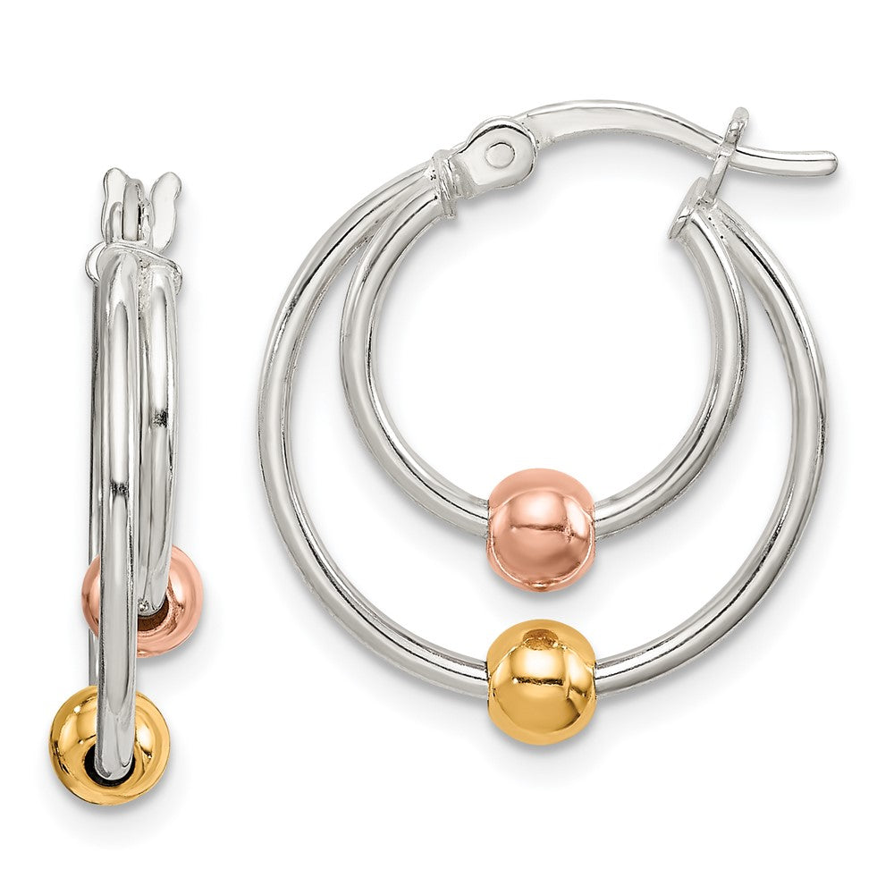 QE14116 Sterling Silver Rose and Gold Tone Bead Hoop Earrings