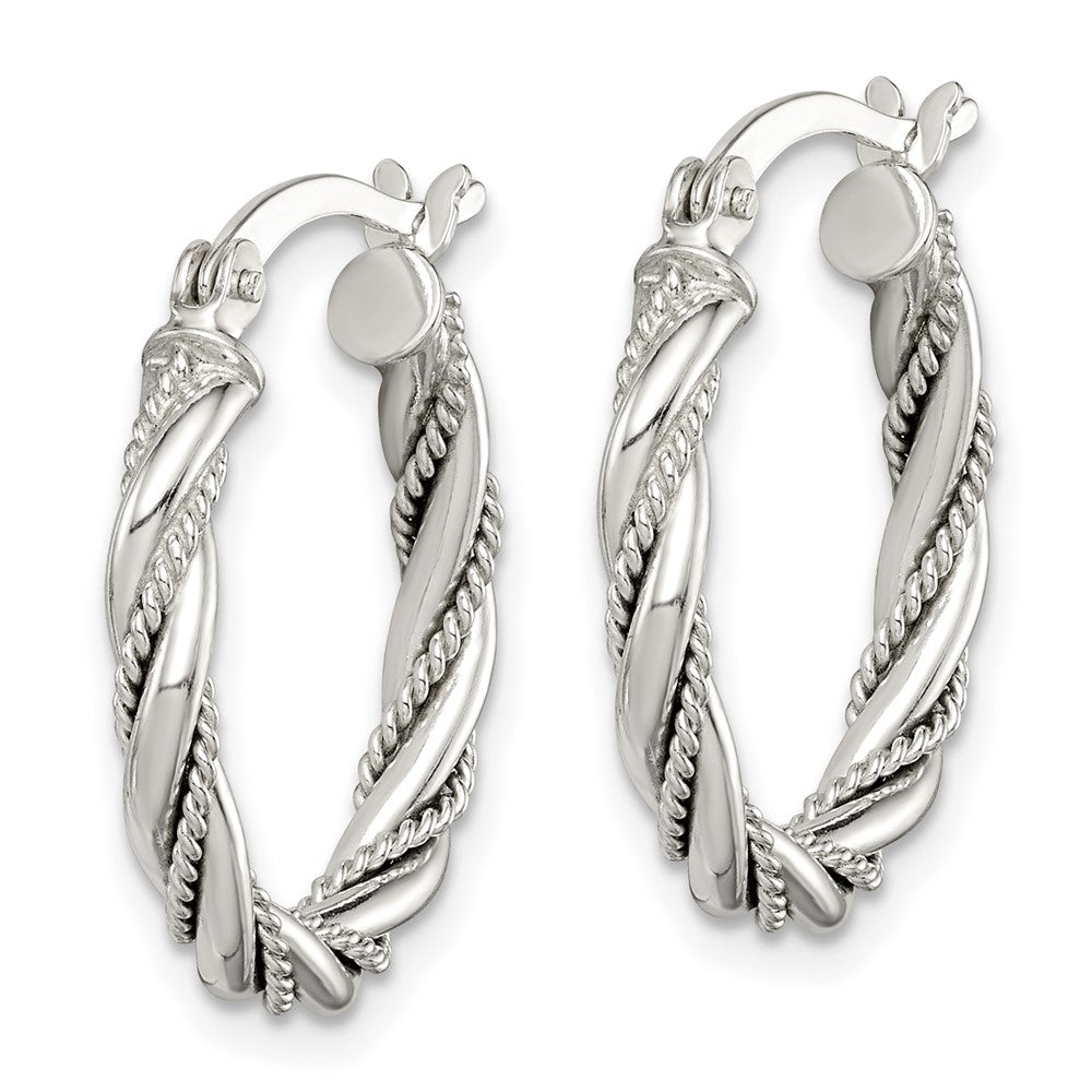 QE14117 Sterling Silver Twisted Textured 3x20mm Hoop Earrings