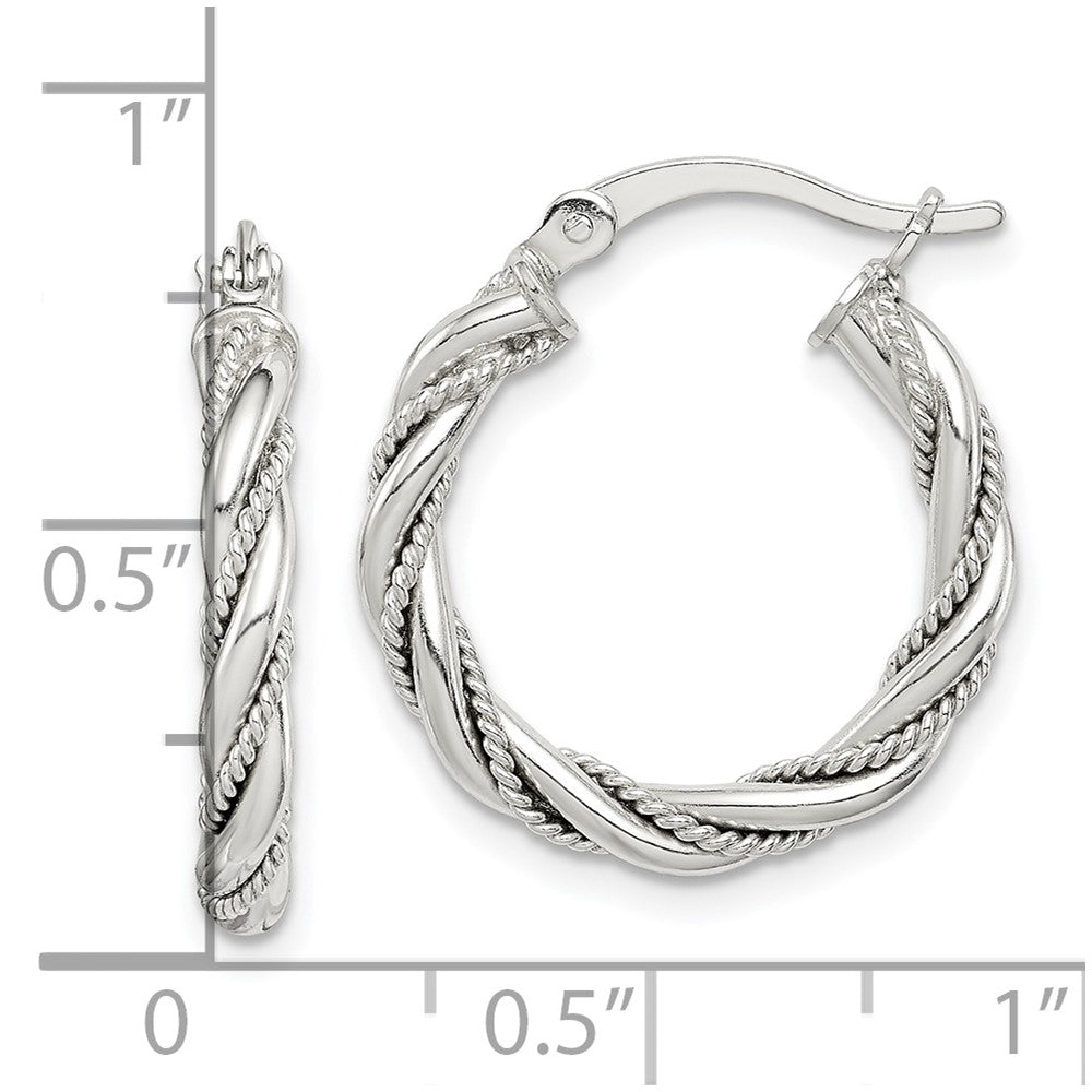 QE14117 Sterling Silver Twisted Textured 3x20mm Hoop Earrings