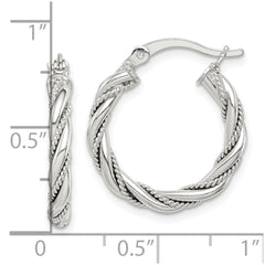QE14117 Sterling Silver Twisted Textured 3x20mm Hoop Earrings