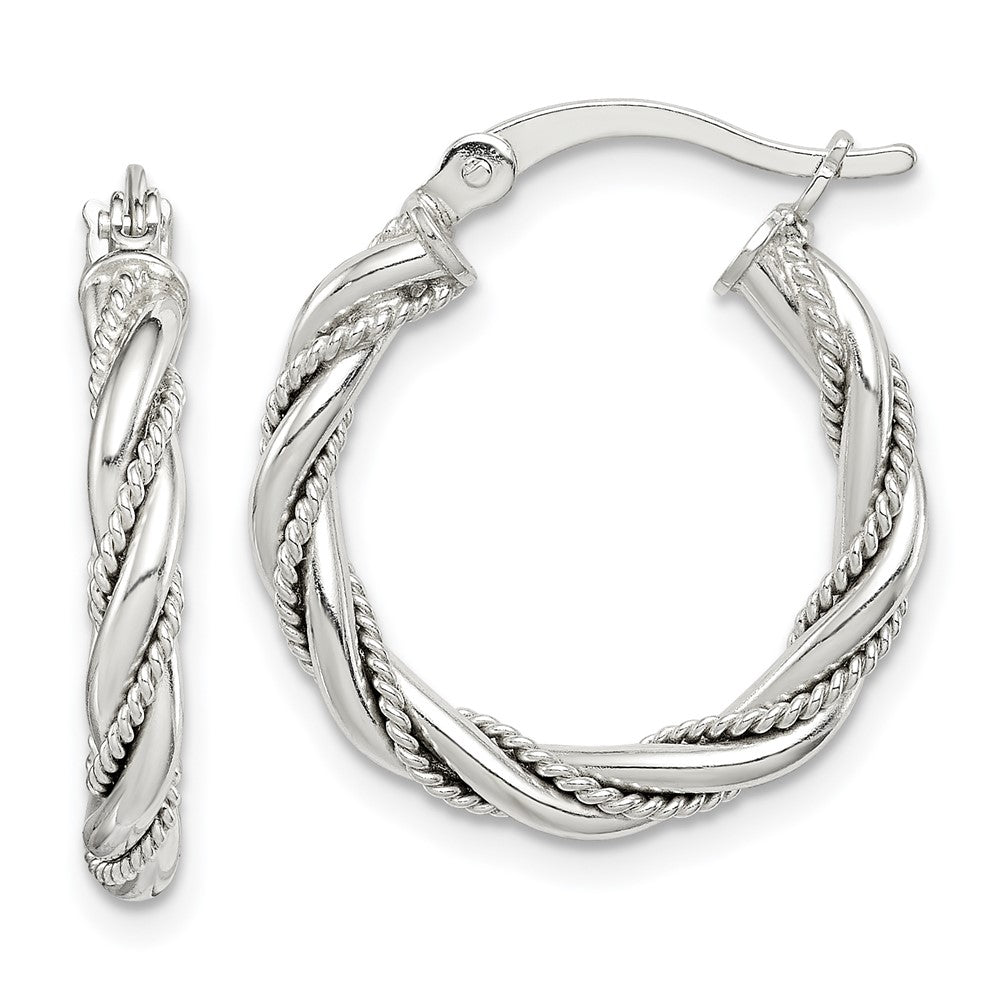 QE14117 Sterling Silver Twisted Textured 3x20mm Hoop Earrings