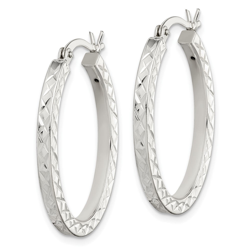 QE14121 Sterling Silver Diamond-cut 2.5mm Oval Hoop Earrings