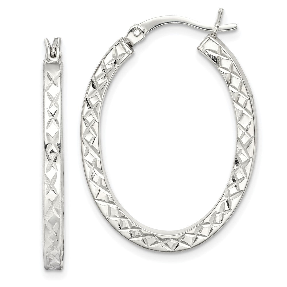 QE14121 Sterling Silver Diamond-cut 2.5mm Oval Hoop Earrings