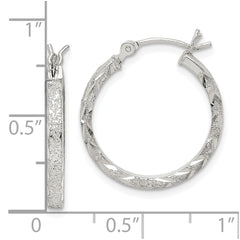 QE14135 Sterling Silver Textured & Diamond-cut 2.25mm Round Hoop Earrings