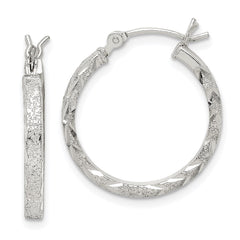 QE14135 Sterling Silver Textured & Diamond-cut 2.25mm Round Hoop Earrings