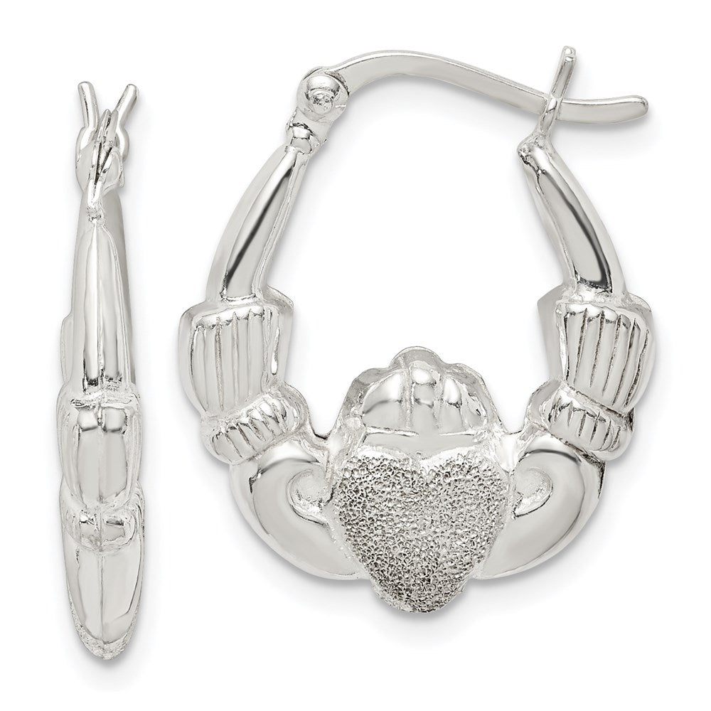 QE14157 Sterling Silver Polished & Laser Cut Claddagh Hoop Earrings