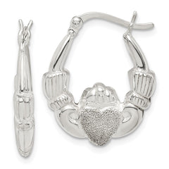 QE14157 Sterling Silver Polished & Laser Cut Claddagh Hoop Earrings