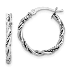 QE14162 Sterling Silver Rhodium-plated Antiqued 2x20mm Twisted Hoop Earrings
