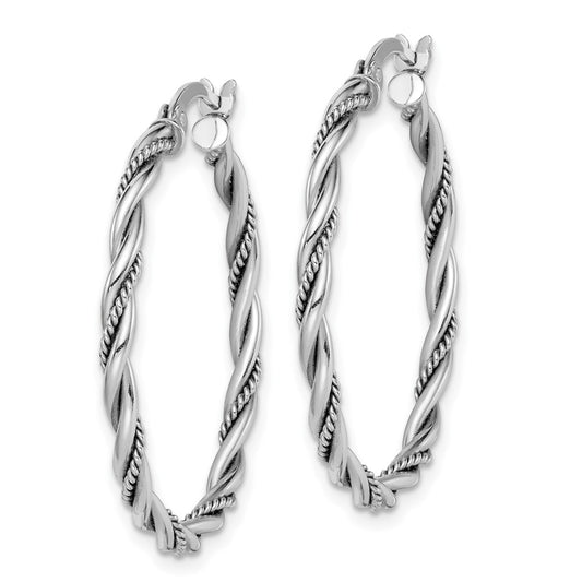QE14163 Sterling Silver Rhodium-plated Antiqued 2x30mm Twisted Hoop Earrings