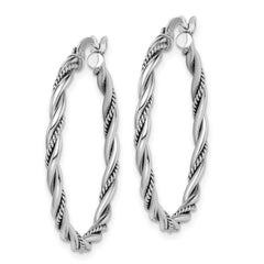 QE14163 Sterling Silver Rhodium-plated Antiqued 2x30mm Twisted Hoop Earrings