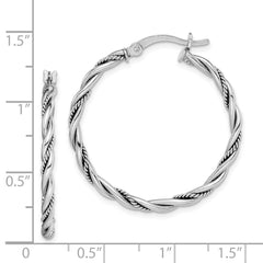 QE14163 Sterling Silver Rhodium-plated Antiqued 2x30mm Twisted Hoop Earrings