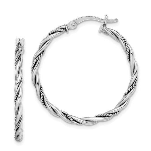 QE14163 Sterling Silver Rhodium-plated Antiqued 2x30mm Twisted Hoop Earrings