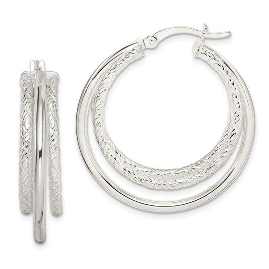 QE14177 Sterling Silver Textured and Polished Triple Hoop Earrings