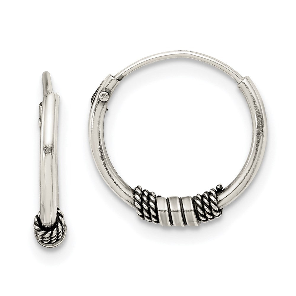 QE14191 Sterling Silver Antiqued Beaded Endless Hoop Earrings