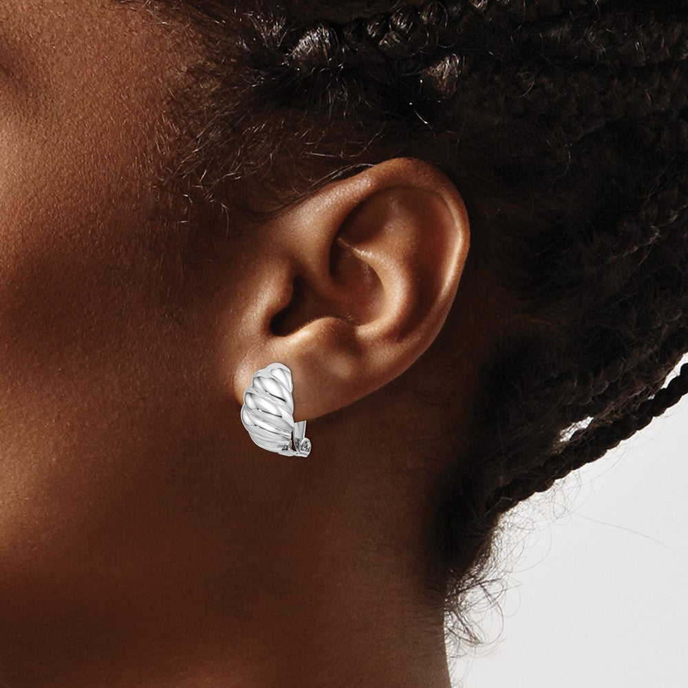 QE14210 Sterling Silver RH-plated Polished Non-Pierced Scalloped Oval Earrings