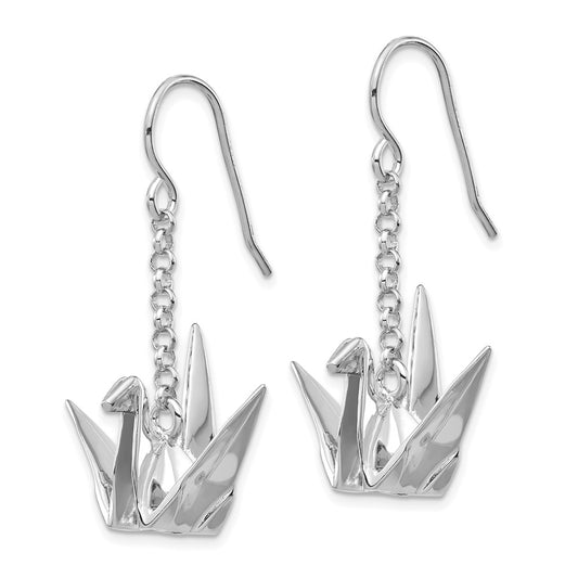 QE14222 Sterling Silver Rhodium-plated Origami Crane Dangle Earrings