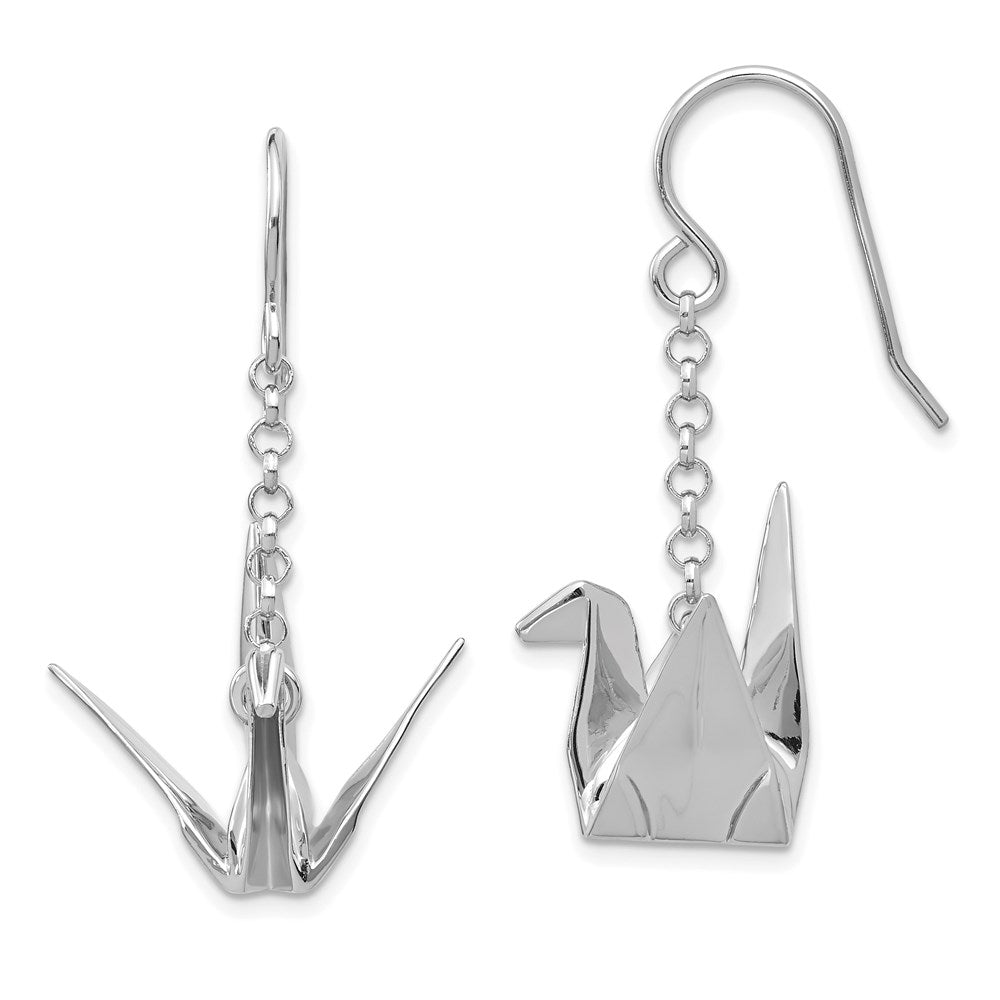 QE14222 Sterling Silver Rhodium-plated Origami Crane Dangle Earrings