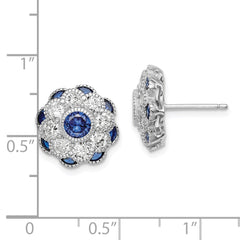 QE14230 Sterling Silver RH Plated CZ and Synthetic Blue Spinel Flower Post Earrings