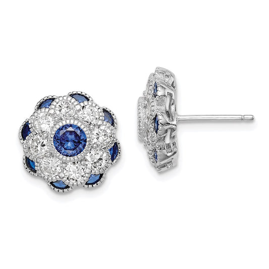 QE14230 Sterling Silver RH Plated CZ and Synthetic Blue Spinel Flower Post Earrings